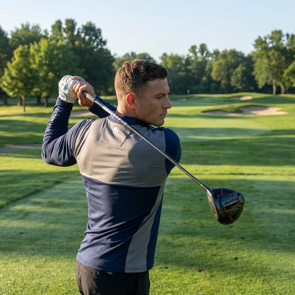 Golfer swinging in a navy and grey long sleeved golf baselayer