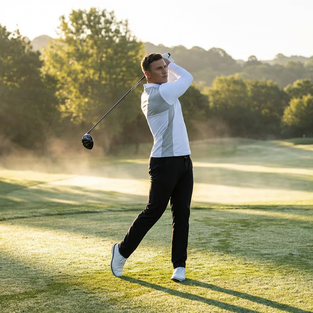 Golfer in a white long sleeved golf baselayer finishing a swing on a summer morning