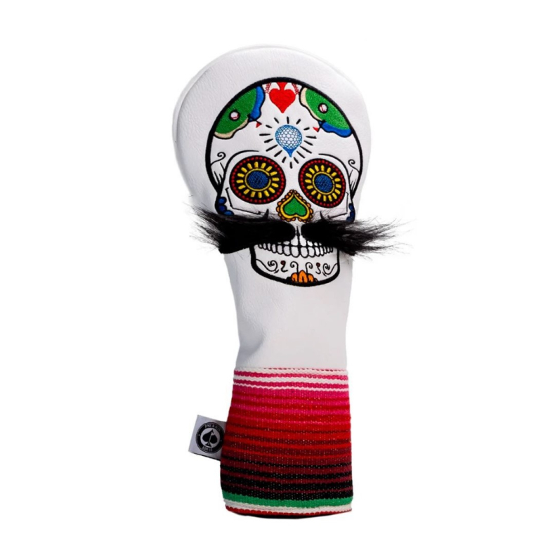 Pins and Aces Driver Headcover Mustache Sugar Skull White