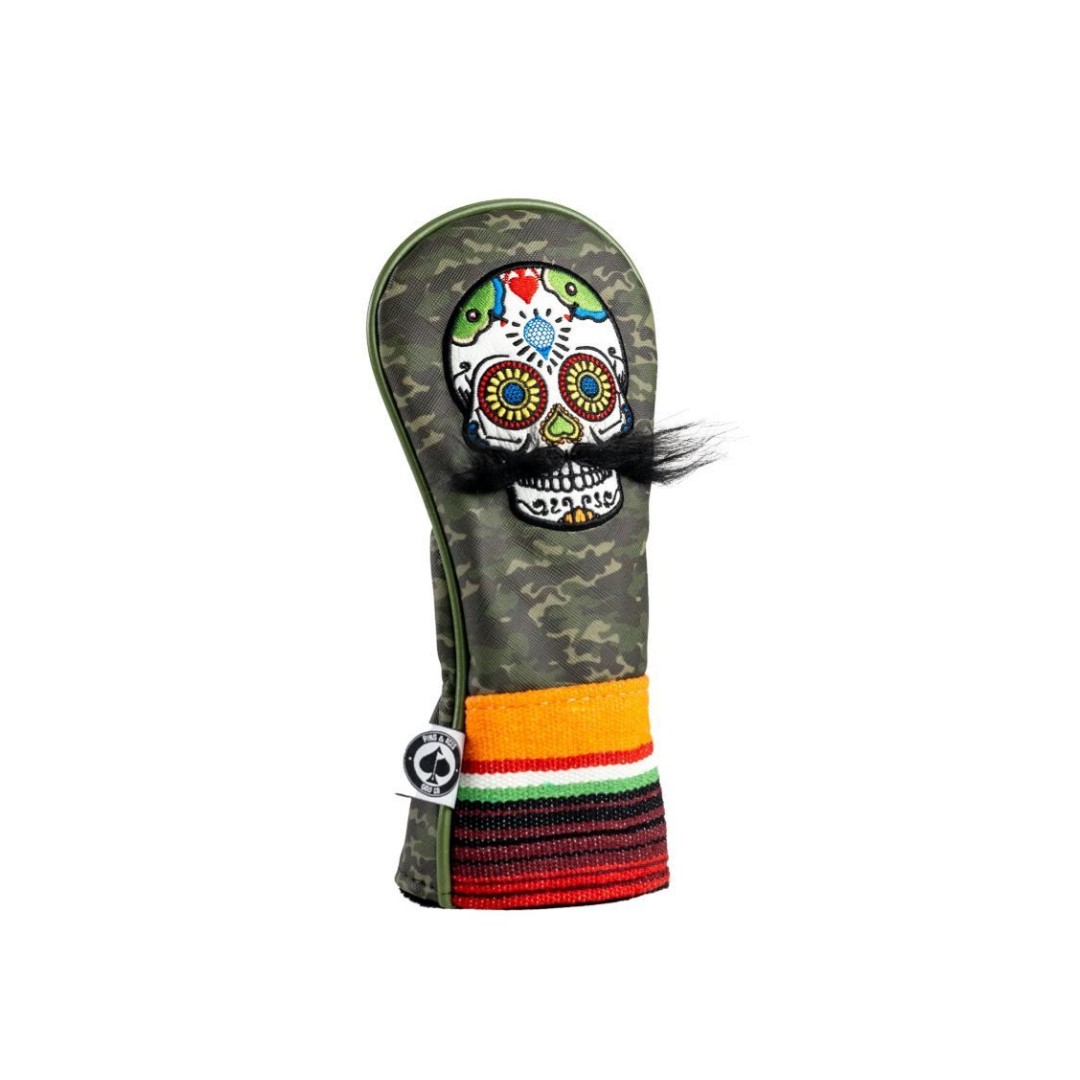 Pins and Aces Hybrid Headcover Mustache Sugar Skull Green Camo